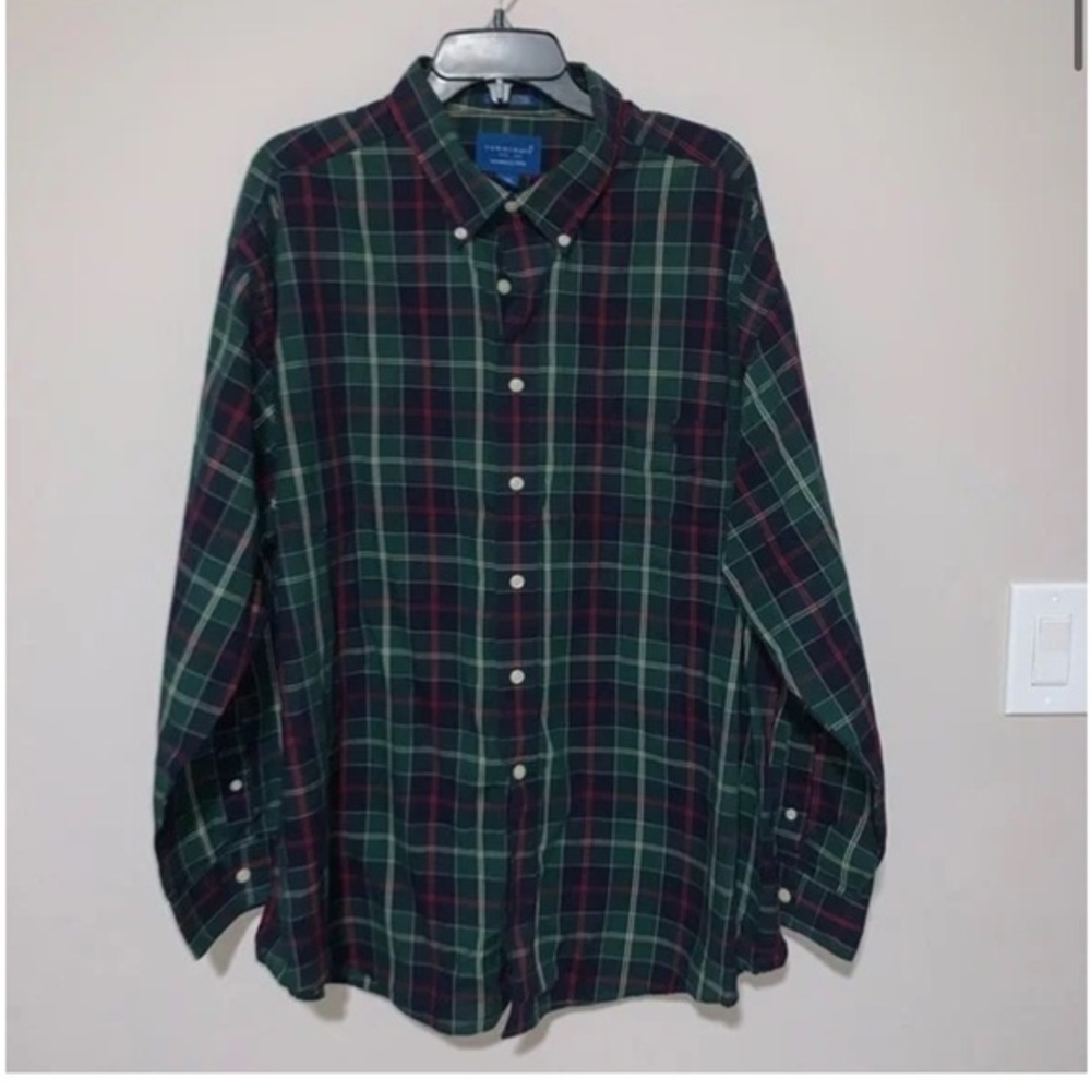 Towncraft Men's Green and Red Plaid Button-Down Shirt Classic XXL
